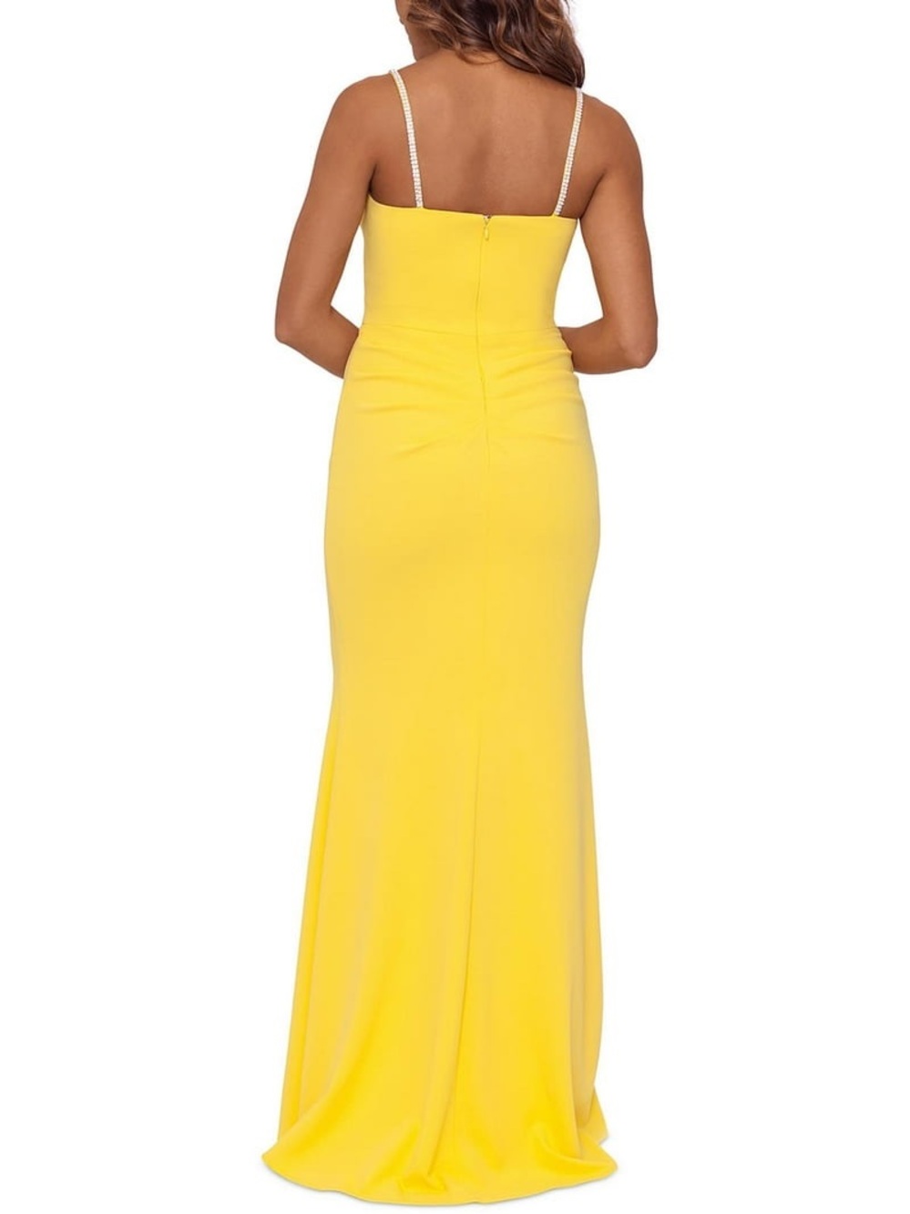 Xscape Yellow Rhinestone Spaghetti Strap Front-Slit Gown Size 0 - Picture 2 of 9